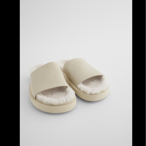 ZARA LOW HEEL LEATHER SANDALS WITH FLEECE CREAM - Picture 5 of 8